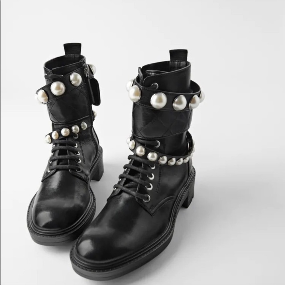 Zara Black Pearl-Adorned Combat Boots